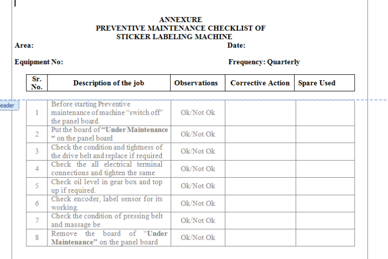 Sop For Preventive Maintenance Of Sticker Labeling Machine Pharma Dekho