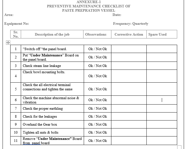 Sop For Preventive Maintenance Of Paste Preparation Vessel Pharma Dekho