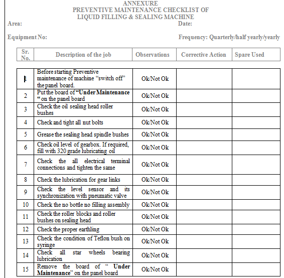 sop for Preventive Maintenance of Liquid Filling and Sealing Machine ...