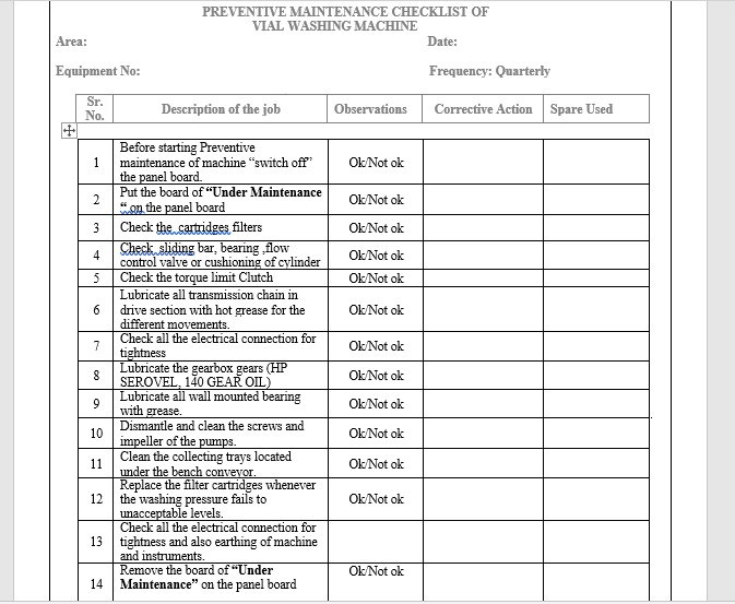 sop for Preventive Maintenance of Vial Washing Machine Pharma Dekho