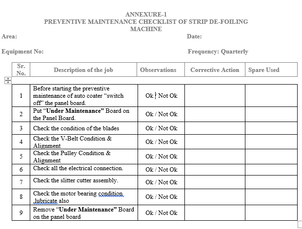 Preventive Maintenance of Strip De-Foiling Machine - Pharma Dekho