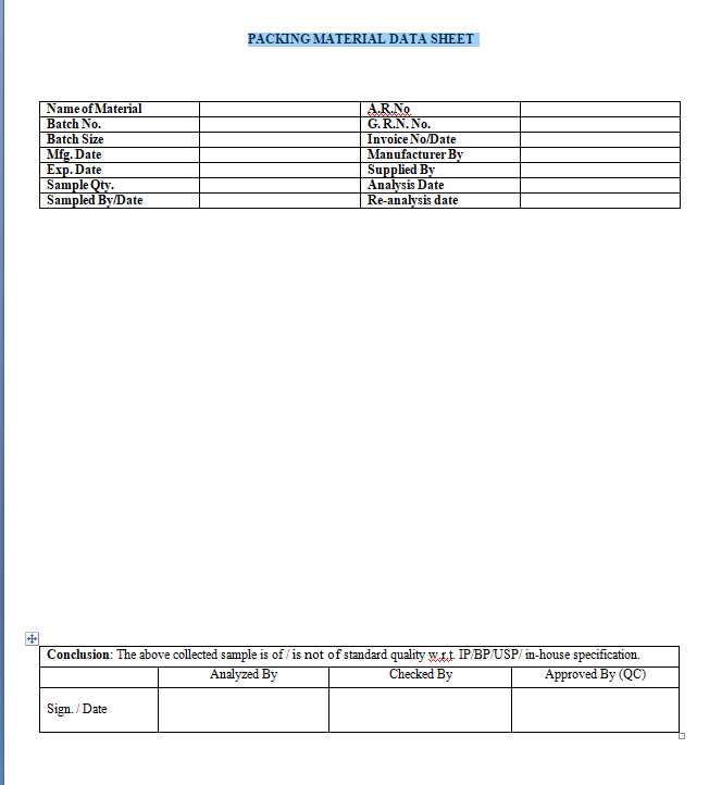 sop for preparation of raw material in process finish product packing ...