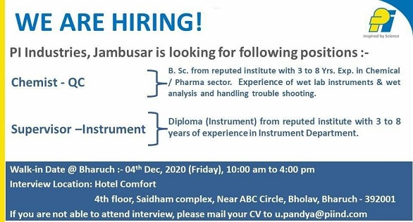 PI Industries walk in interview on 4 december - Pharma Dekho