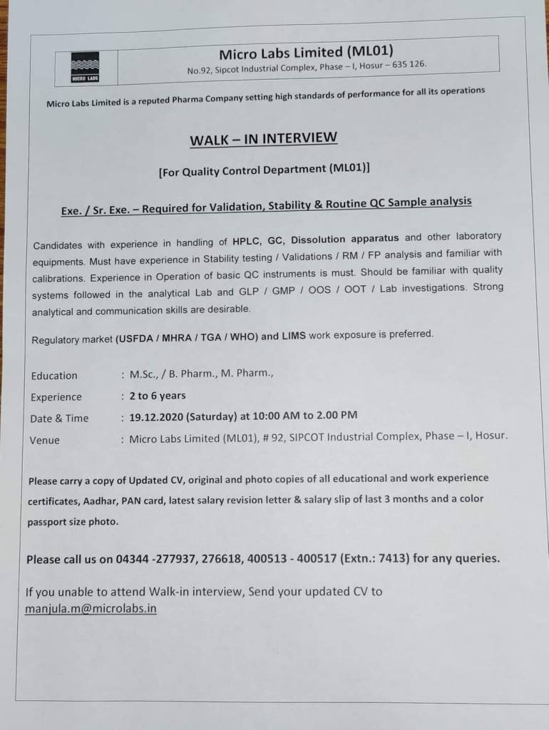 Micro Labs walk in interview Pharma Dekho