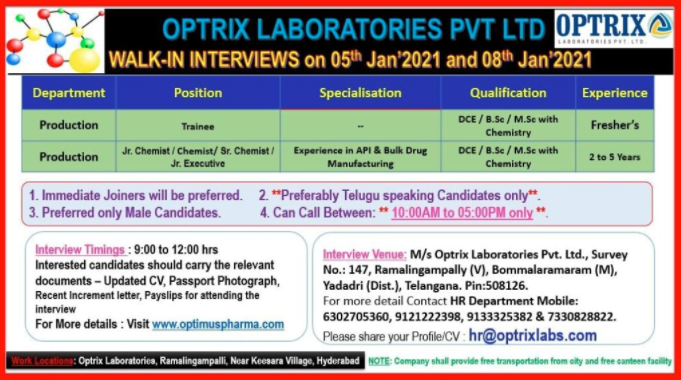 Optrix Laboratories walk in interview - Pharma Dekho