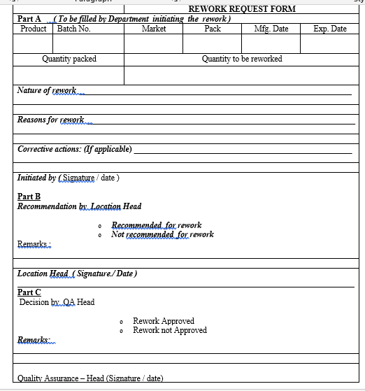 sop for rework procedure - Pharma Dekho