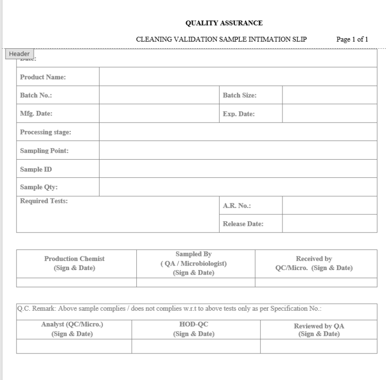 preparation for sampling Intimation slip - Pharma Dekho