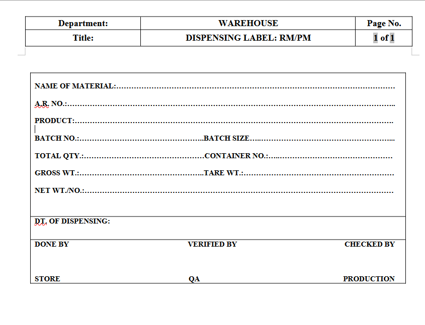 Dispensing Label Format sop for Dispensing of Raw Material - Pharma Dekho